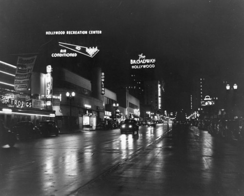 Looking north on neon-drenched Vine Street on a wet night in the 1930′s.