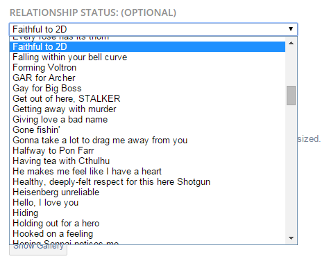 dumbass-bitch-disease:  imascoldasiceascoldasicecanbe: fano-tastic:  marshmellowtea:  high-metafive:  so i made and account on tv tropes and it asked for my relationship status i went over and was about to put in “single” or “it’s complicated”