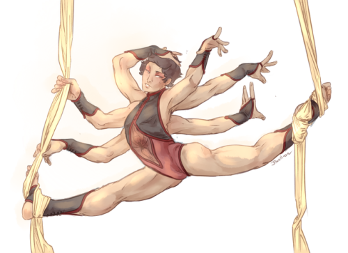 pixellion-image:  I was feeling nostalgic after the Sei/Usui draw and wanted to revisit a 2012 OC I made for a Freakshow RP (that I never did anything in,,,,)He’s a Aerial Silk acrobat who’s got constant bedhead, unless he’s preforming. He also