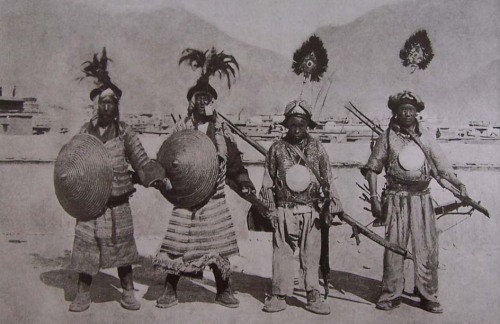 Tibetan soldiers, Lhasa, circa 1910.