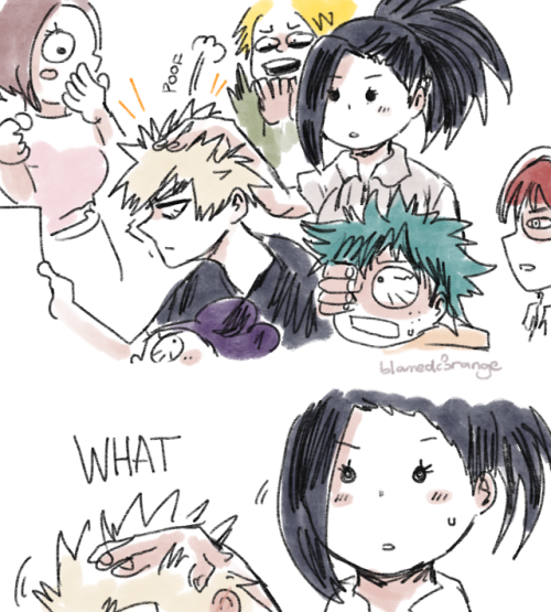 blamedorange:  Momo falls under the spell of the “Dating sim MC” quirk ……..[also kaminari is very horrified bc he definitely tried to pet his hair before….]Based from dating sim post and: