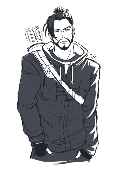 jin-nyeh:  photo reference drawing practice with Hanzo Shimada I miss the little dragon manes but hipster Hanzo’s dressing style speaks to me 