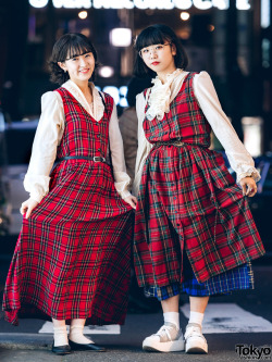 tokyo-fashion:  Tokyo vintage shop staffers Mayu and Mayu on the street in Harajuku wearing plaid dresses from Florida Shimokitazawa (a vintage shop), with other items from the resale/vintage shops Kinji, Santa Monica, Kilo Shop, and Florida Harajuku,