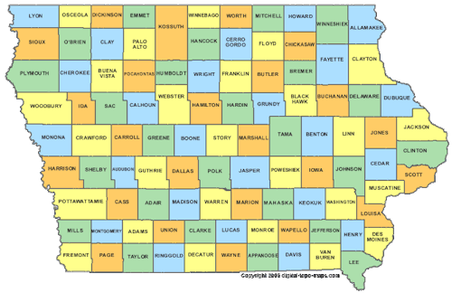 mapsontheweb:Iowa has 99 counties. Kossuth County  breaks the standard size and ruins the perfect 10