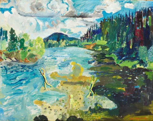 Bathers    -    Sven Erixson  1942Swedish  1899-1970Oil on tablecloth , 65 x 82 cm.   