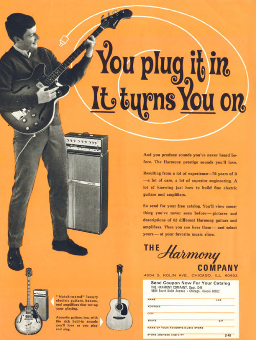theswinginsixties:  ‘It Turns You On’ - 1960s Harmony guitars advertsement. 