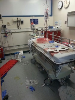 adenosinetriesphosphate:  Aftermath of a Code Crimson at my hospital the other night. My friend works in the ER and took this photo and sent me the following:       “Car rolled three times, became on fire. Transported to us for intubation then