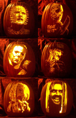 horroroftruant:  Insane Horror Movie Jack-o’-lanterns by The Pumpkin Geek  Custom carvings on Craft Pumpkins  that last FOREVER!  Capture your favorite Movie Hero/Villain, Sports Legend, Musician, Actor/Actress, or Child’s portrait on a unique,