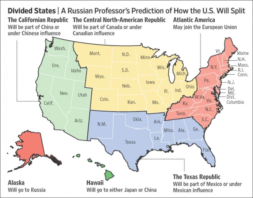 Russian academic Igor Panarin had been predicting in 2008 the U.S. would fall apart by 2010. He thought an economic and moral collapse would trigger a civil war and the eventual breakup of the U.S. - This map shows his prediction on how the U.S....