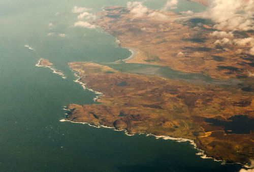 Aerial photo of the island of Islay, the southernmost island in the Inner Hebrides.  Loch Gruinart i