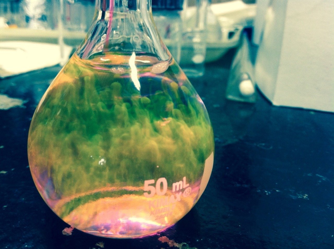 NEBULA IN A FLASK
University of Rhode Island chemistry grad student Matthew Mullen snapped this photo just after dropping the organic dye Rhodamine 6G into a flask of ethanol. He let the dye mix with the ethanol, without stirring. Mullen would like...