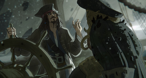 nataliedecorsair:  Capt. Jack Sparrow and Capt. Hector Barbossa - frenemies forever UPD - I drew a b