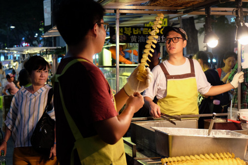 Myeong-dong street sceneThursday night, 8PM Exotic foods, sock stands which seem to exist every