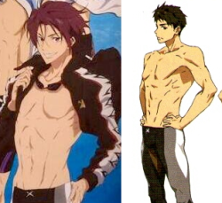 fencer-x:  New Samezuka team uniforms! I’m wondering what the subtle differences mean, since the right leg isn’t the same on both (you can see Rin has white outer stripes and Sousuke has gray). Maybe nothing, maybe something like what stroke they’re