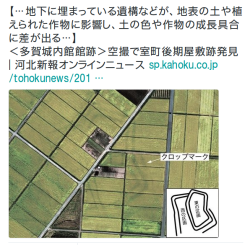 y-kasa:  物々交換所さんのツイート: “【…地下に埋まっている遺構などが、地表の土や植えられた作物に影響し、土の色や作物の成長具合に差が出る…】 ＜多賀城内館館跡＞空撮で室町後期屋敷跡発見