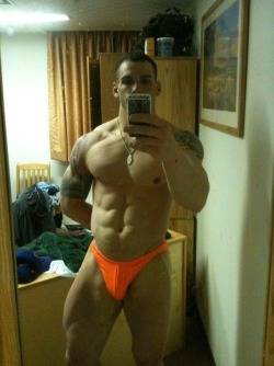 undiefangallery:  College stud in an orange thong!