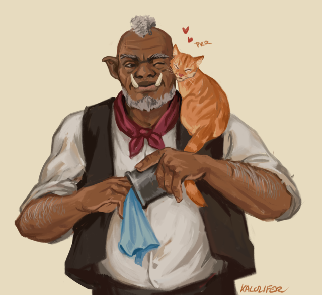 art trade with @orlart! this is their dnd npc Shamar May, heās an innkeeper who loves his cat Tiger