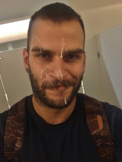 abeardedboy:  this guy shot his load on my face while 5 or 6 other dudes were in the public washroom jerking off all around us, it was fucking hot!!! still can’t believe how many men were in there all to jerk off and unload. only took this 1 guy’s