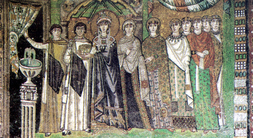 jeannepompadour:Mosaics at San Vitale in Ravenna showing Emperor Justinian, Empress Theodora, their 