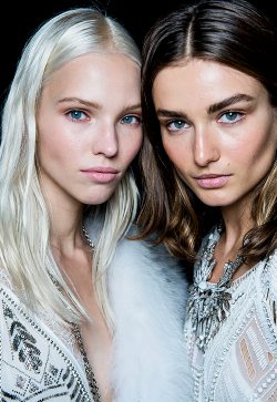 thefashionbubble:  Sasha Luss &amp; Andreea Diaconu backstage at Roberto Cavalli Spring/Summer 2014, Milan Fashion Week. 