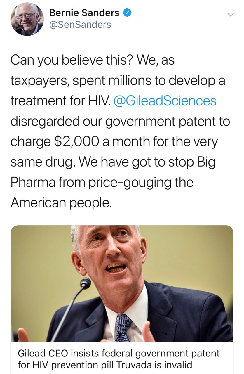 politijohn:  If Pete Buttigieg is your preferred presidential candidate only because he’s Gay ™, please see how Bernie Sanders is actually standing up for LGBTQ Americans. He’s personally taking on Gilead, the company current overcharging for the