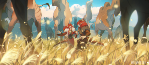 The dragon twins, Vygo and Indrys, running with a herd of sykhamúr camels in a field of golden grass