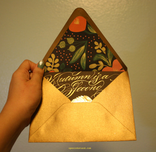 An outgoing envelope with an Autumn theme. The gorgeous envelope liner is actually a gift wrap from 