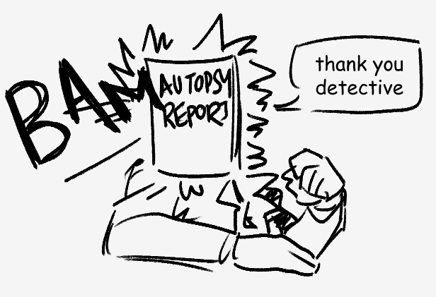 Ema throws an autopsy report, with sound effect text reading "BAM!", and Klavier simply says, ”Thank you detective.” as it slaps him in the face.