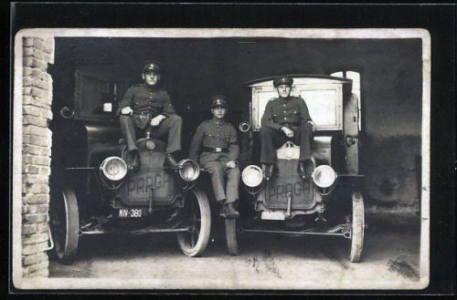 Soldiers from army car park. Prague barracks around 1920. On the photo you could see trucks Praga N 