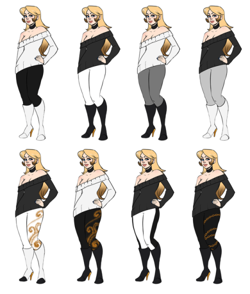 meoproject:Trying to tweak up Lady’s outfit a bit. Tested some combinations of black/gray/white + gold details, but decided to go for blacks + gold details in the end? Other might be fun alternate outfits. Also like those white+black+gold heel boots