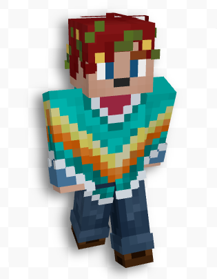 a minecraft skin of a humanoid with short red hair and a black animal nose. he's wearing a bright cyan, orange, and yellow poncho over a rainbow sweater and jeans, as well as a glow berry crown.