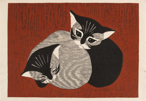 myfairynuffstuff:    Kaoru Kawano (1916 - 1965) - Two Kittens c.1960′s. Woodblock.