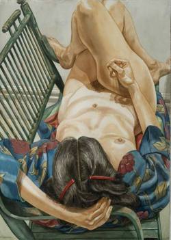 thunderstruck9:  Philip Pearlstein (American, b. 1924), Model in Kimono on Green Bench, 1982. Watercolor on paper, 134.1 x 74.9 cm.via huariqueje