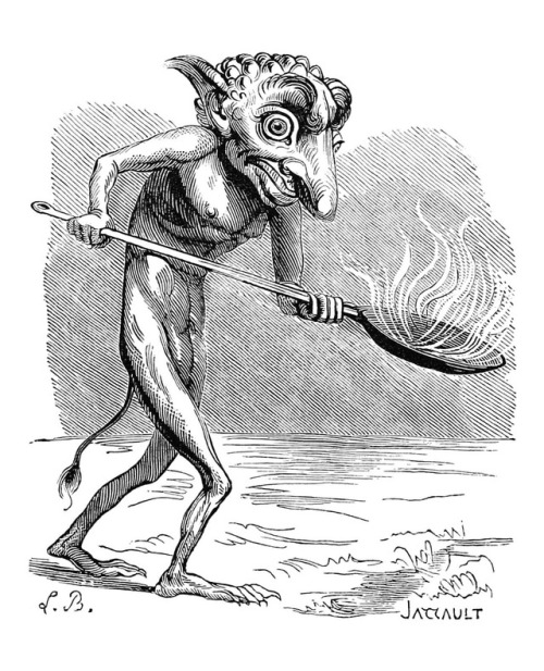 talesfromweirdland:  The demon Ukobach, from the occultist book, Dictionnaire Infernal (1818-1863). Ukobach is said to have invented fried food and fireworks. I can believe that.  Art by Louis Breton.
