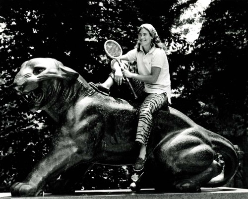 Tiger Tuesday: A member of the Princeton University tennis team relaxes with one of Bruce Moore&rsqu