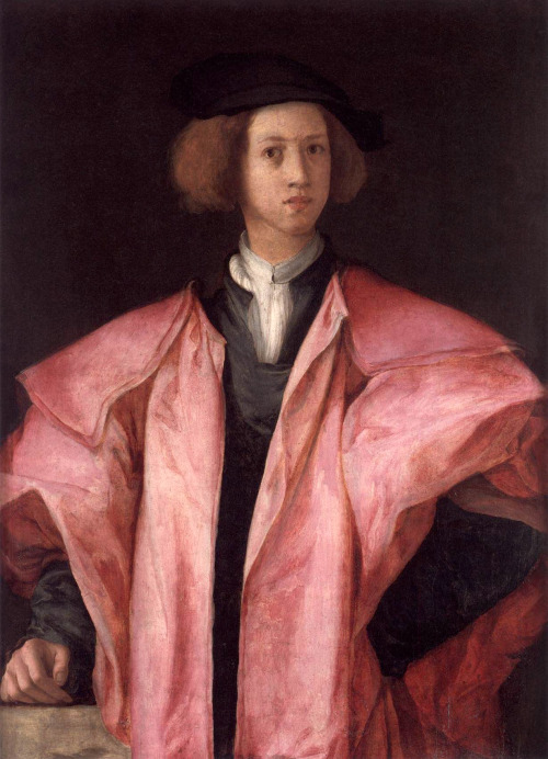 history-of-fashion: 1525-1526 Jacopo Pontormo - Youth in a Pink Coat,   (Museum of Villa Mansi) 