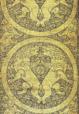 Textile with winged lions and griffins,Central Asia, mid-13th century. Lampas weave, gold thread on 