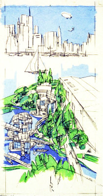 Michael Sorkin, Brooklyn Waterfront,1993A design for a spectacular site on the Brooklyn waterfront situated opposite Lower Manhattan and below the Brooklyn Heights Promenade. Given the likelihood that this will be an intensely trafficked place, the proposal was to ratchet up the mix. A conference center is maintained to the north, augmented with a hotel on a deconsecrated cruise ship or aircraft carrier. A series of brick loft buildings fills out the northern end of the site and lines its eastern flank. Further down, a large amphitheater faces the fabulous view of Manhattan. At the south end of the site we have proposed an industrial use: a barge-building yard. The barges would be fitted out as gardens, sports grounds, restaurants, and community facilities for use as constituents in the rest of the project and might be floated to other parts of the city to seed development of other stretches of waterfront.(Source)