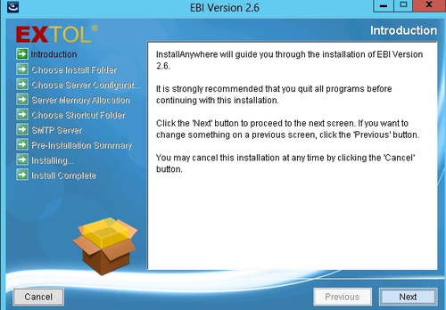 EXTOL Business Integrator 2.6 Server Introduction screen