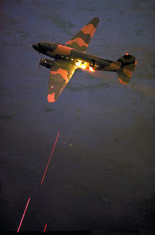 enrique262:  Vietnam War, Puff the Magic Dragon.Also know as the Douglas AC-47 Spooky.The first gunship. 