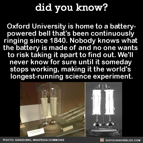 did-you-kno:  Oxford University is home to a battery- powered bell that’s been continuously  ringing since 1840. Nobody knows what  the battery is made of and no one wants  to risk taking it apart to find out. We’ll  never know for sure until it someday