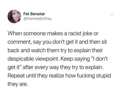 beyoncescock:  to anyone who says “doing that will make you the stupid one”: the idea here is to make them explain the joke till they realize how racist they sound, how unfunny they are and how offensive their joke is, making them uncomfortable to