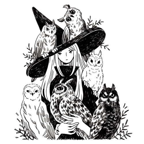 heikala:Inktober day 2, A witch and six owl familiars