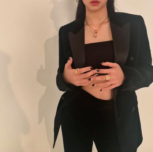 Blackpink’s Lisa on lalalalisa_m instagram wearing CELINE short alluré tux jacket in velvet $4,650 A