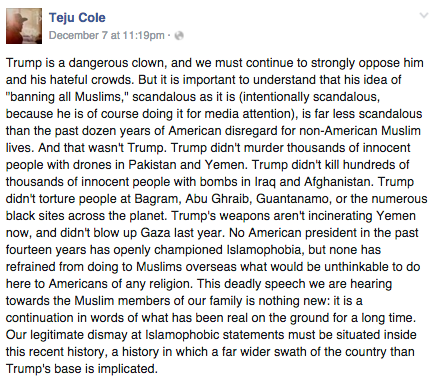 Teju Cole situates Trump’s Islamophobia in a longer history “in which a far wider s