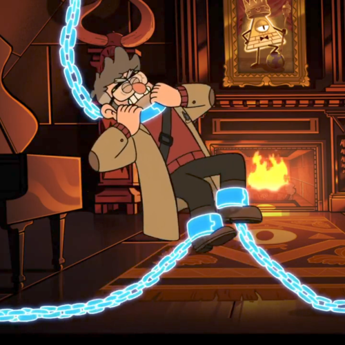 a still from the series finale. ford is suspended in the air, grabbing onto the collar chained around his neck. there are 2 more chains securing his ankles.