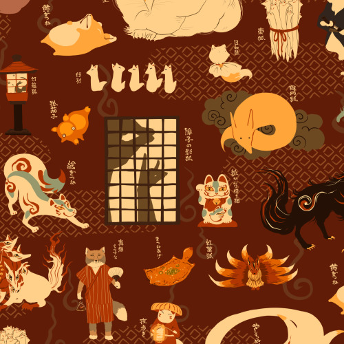 “Kitsune yokai” super cool printed fabric designed by @tatami111 and available on Real fabric