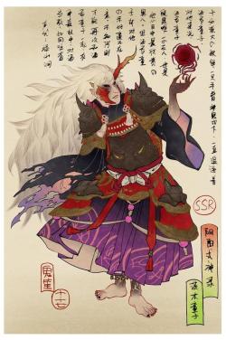 tanuki-kimono:  [Part. 5/6] Onmyoji  (阴阳师)     mythical   characters, drawn ukiyo-e style by 鬼笙 (find other parts here) Shikigami are supernatural beings in Japanese folklore. Shown here are characters:     Ibaraki doji, was a famous Heian