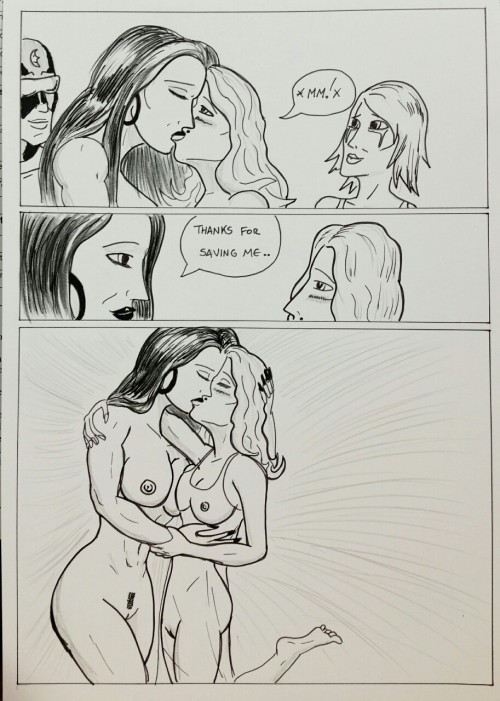 SYMBIOTE SURPRISE page 13  This the most romantic thing I’ve ever drawn, haha. In such contrast to the bloodiest page I put up for my Kate Five comic!  Kate finally gets what she wants and locks lips with her favourite heroine. Centennia is a bit unsure,