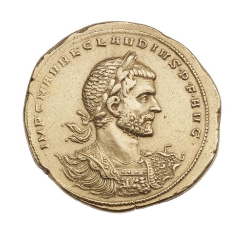 didoofcarthage:Gold medallion (8 aureii) with bust of emperor Claudius II Gothicus (obverse) and fig